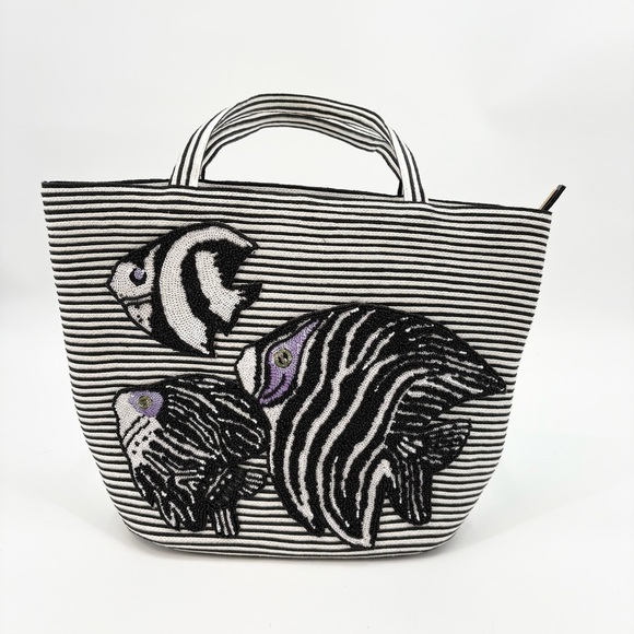 Eric Javits Striped Beaded Tripical Fish Straw Bag - Picture 2 of 10